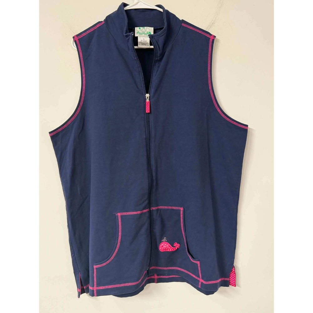 Quacker Factory Womens 1X Navy Blue Vest Zip Front Whale Rhinestone Casual